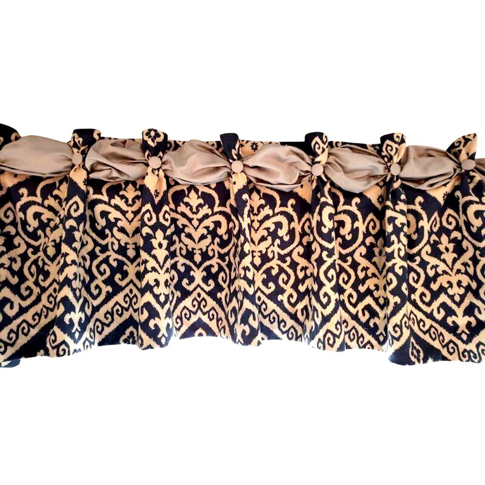 Blue Ikat Custom Made Valances Set of 2 Designer Light Gray Bow Accent 44 x 21